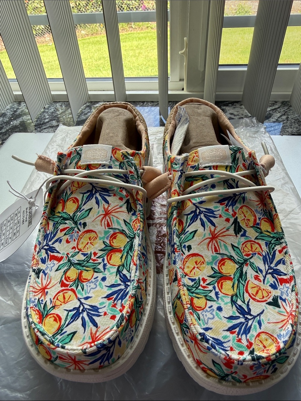 NWT Hey Dude Women’s Slip-On Sneakers in Floral Orange, Yellow & Blue Print